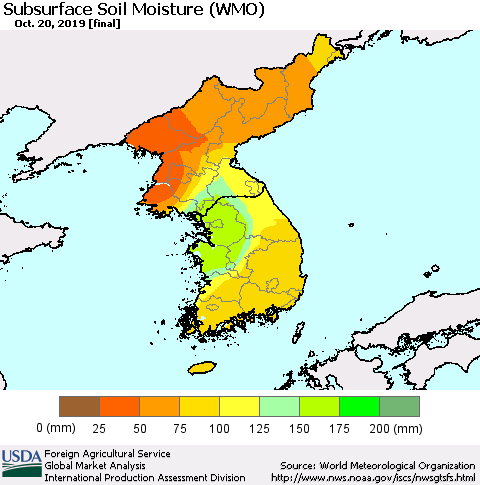 Korea Subsurface Soil Moisture (WMO) Thematic Map For 10/14/2019 - 10/20/2019