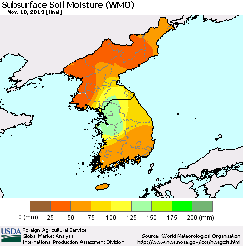 Korea Subsurface Soil Moisture (WMO) Thematic Map For 11/4/2019 - 11/10/2019