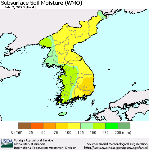 Korea Subsurface Soil Moisture (WMO) Thematic Map For 1/27/2020 - 2/2/2020