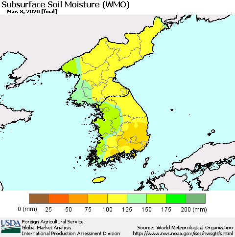 Korea Subsurface Soil Moisture (WMO) Thematic Map For 3/2/2020 - 3/8/2020