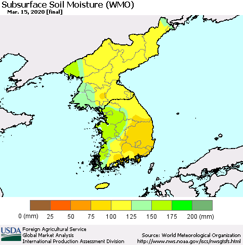Korea Subsurface Soil Moisture (WMO) Thematic Map For 3/9/2020 - 3/15/2020
