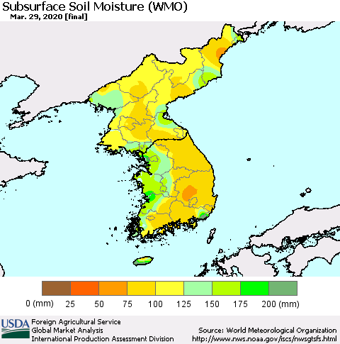 Korea Subsurface Soil Moisture (WMO) Thematic Map For 3/23/2020 - 3/29/2020