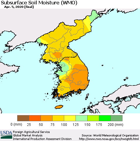 Korea Subsurface Soil Moisture (WMO) Thematic Map For 3/30/2020 - 4/5/2020