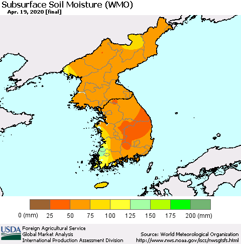 Korea Subsurface Soil Moisture (WMO) Thematic Map For 4/13/2020 - 4/19/2020