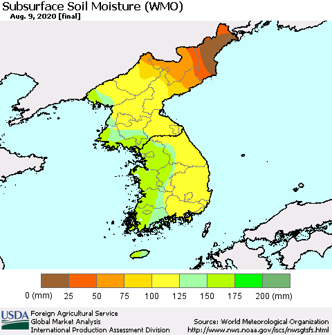 Korea Subsurface Soil Moisture (WMO) Thematic Map For 8/3/2020 - 8/9/2020
