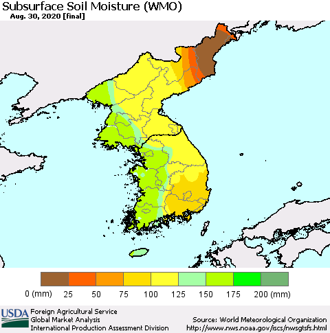 Korea Subsurface Soil Moisture (WMO) Thematic Map For 8/24/2020 - 8/30/2020