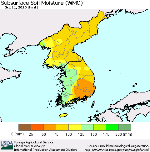 Korea Subsurface Soil Moisture (WMO) Thematic Map For 10/5/2020 - 10/11/2020