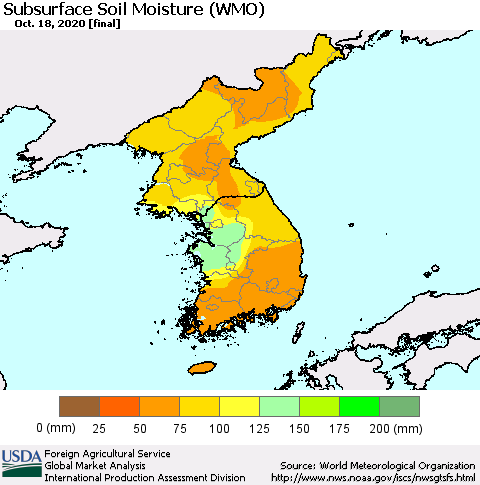 Korea Subsurface Soil Moisture (WMO) Thematic Map For 10/12/2020 - 10/18/2020