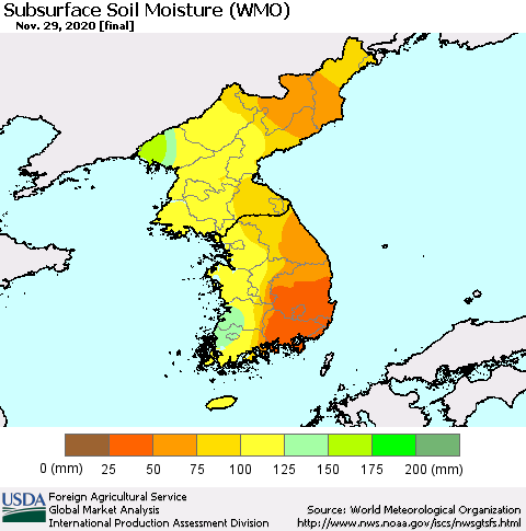 Korea Subsurface Soil Moisture (WMO) Thematic Map For 11/23/2020 - 11/29/2020
