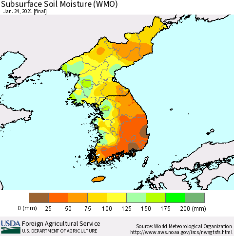 Korea Subsurface Soil Moisture (WMO) Thematic Map For 1/18/2021 - 1/24/2021