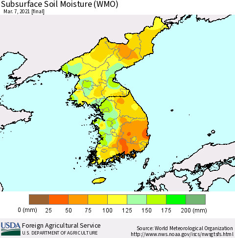 Korea Subsurface Soil Moisture (WMO) Thematic Map For 3/1/2021 - 3/7/2021