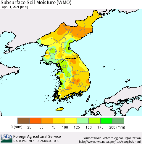Korea Subsurface Soil Moisture (WMO) Thematic Map For 4/5/2021 - 4/11/2021