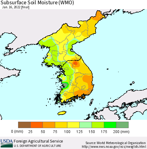 Korea Subsurface Soil Moisture (WMO) Thematic Map For 1/10/2022 - 1/16/2022
