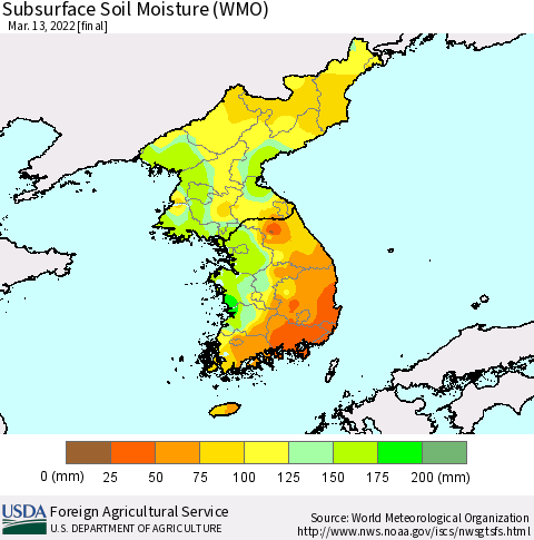 Korea Subsurface Soil Moisture (WMO) Thematic Map For 3/7/2022 - 3/13/2022
