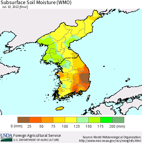 Korea Subsurface Soil Moisture (WMO) Thematic Map For 7/4/2022 - 7/10/2022