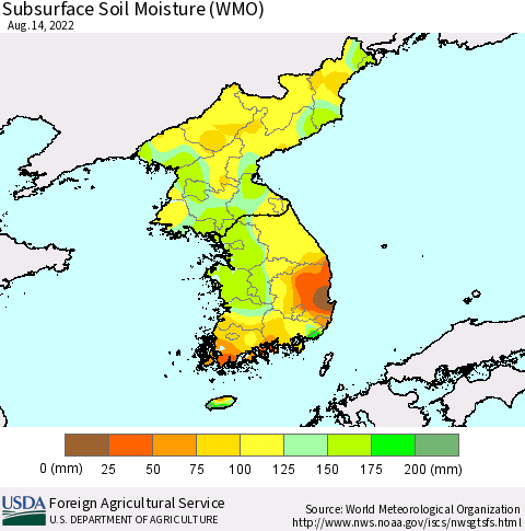Korea Subsurface Soil Moisture (WMO) Thematic Map For 8/8/2022 - 8/14/2022