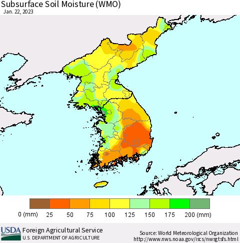 Korea Subsurface Soil Moisture (WMO) Thematic Map For 1/16/2023 - 1/22/2023