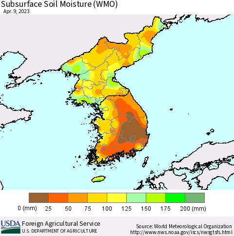 Korea Subsurface Soil Moisture (WMO) Thematic Map For 4/3/2023 - 4/9/2023