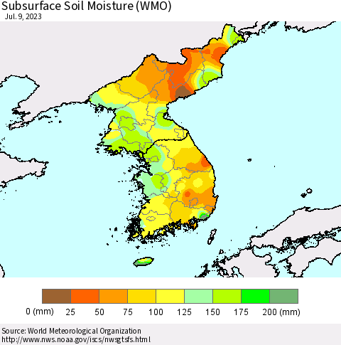 Korea Subsurface Soil Moisture (WMO) Thematic Map For 7/3/2023 - 7/9/2023