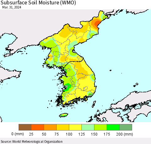 Korea Subsurface Soil Moisture (WMO) Thematic Map For 3/25/2024 - 3/31/2024