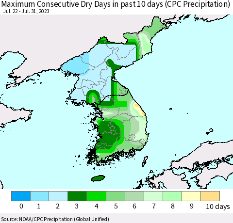 Korea Maximum Consecutive Dry Days in past 10 days (CPC Precipitation) Thematic Map For 7/26/2023 - 7/31/2023