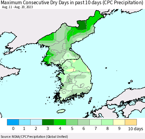 Korea Maximum Consecutive Dry Days in past 10 days (CPC Precipitation) Thematic Map For 8/16/2023 - 8/20/2023