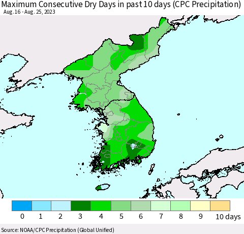 Korea Maximum Consecutive Dry Days in past 10 days (CPC Precipitation) Thematic Map For 8/21/2023 - 8/25/2023