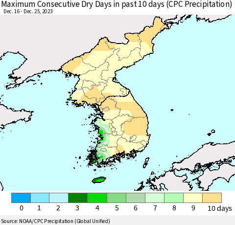 Korea Maximum Consecutive Dry Days in past 10 days (CPC Precipitation) Thematic Map For 12/21/2023 - 12/25/2023