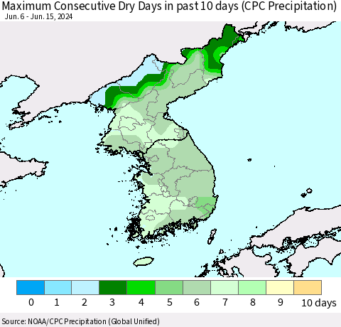 Korea Maximum Consecutive Dry Days in past 10 days (CPC Precipitation) Thematic Map For 6/11/2024 - 6/15/2024