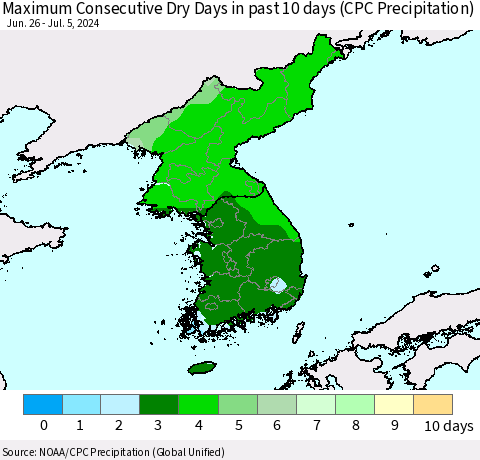 Korea Maximum Consecutive Dry Days in past 10 days (CPC Precipitation) Thematic Map For 7/1/2024 - 7/5/2024