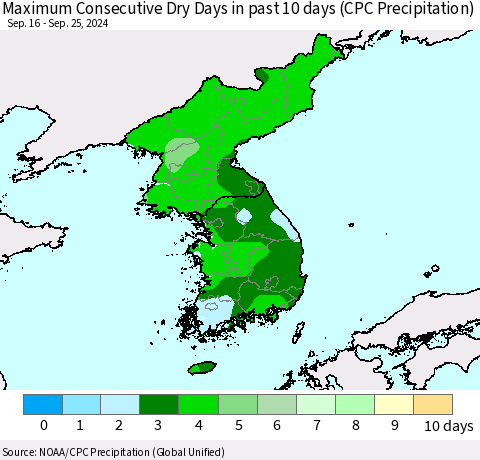 Korea Maximum Consecutive Dry Days in past 10 days (CPC Precipitation) Thematic Map For 9/21/2024 - 9/25/2024