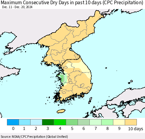 Korea Maximum Consecutive Dry Days in past 10 days (CPC Precipitation) Thematic Map For 12/16/2024 - 12/20/2024