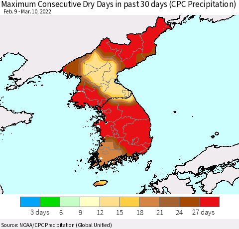 Korea Maximum Consecutive Dry Days in past 30 days (CPC Precipitation) Thematic Map For 3/6/2022 - 3/10/2022