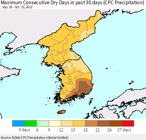 Korea Maximum Consecutive Dry Days in past 30 days (CPC Precipitation) Thematic Map For 10/21/2022 - 10/25/2022