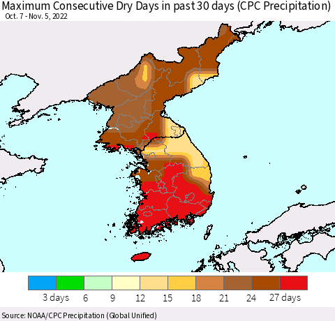 Korea Maximum Consecutive Dry Days in past 30 days (CPC Precipitation) Thematic Map For 11/1/2022 - 11/5/2022