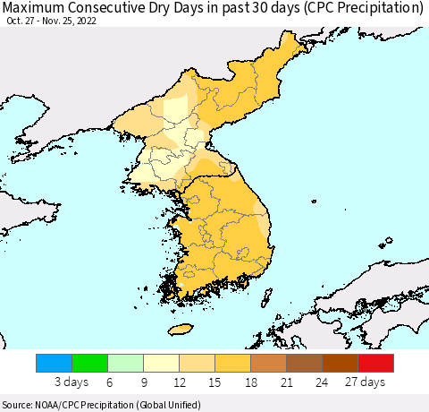 Korea Maximum Consecutive Dry Days in past 30 days (CPC Precipitation) Thematic Map For 11/21/2022 - 11/25/2022
