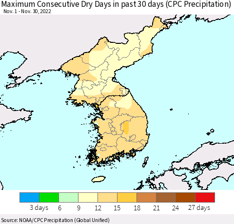 Korea Maximum Consecutive Dry Days in past 30 days (CPC Precipitation) Thematic Map For 11/26/2022 - 11/30/2022