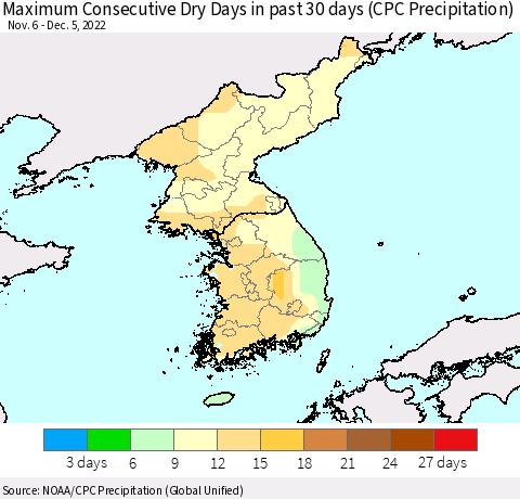 Korea Maximum Consecutive Dry Days in past 30 days (CPC Precipitation) Thematic Map For 12/1/2022 - 12/5/2022