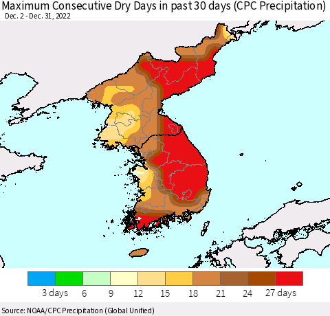 Korea Maximum Consecutive Dry Days in past 30 days (CPC Precipitation) Thematic Map For 12/26/2022 - 12/31/2022
