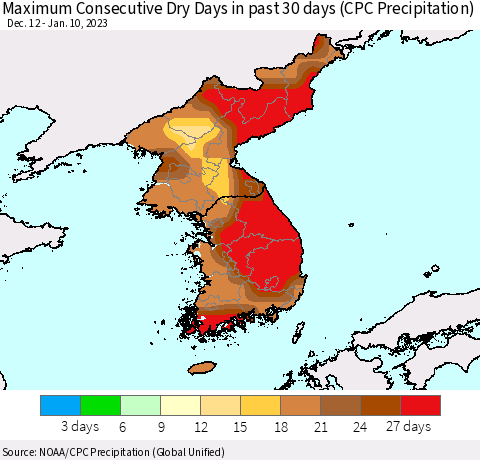 Korea Maximum Consecutive Dry Days in past 30 days (CPC Precipitation) Thematic Map For 1/6/2023 - 1/10/2023