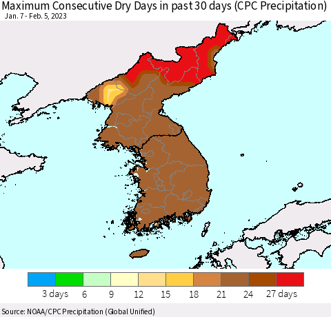 Korea Maximum Consecutive Dry Days in past 30 days (CPC Precipitation) Thematic Map For 2/1/2023 - 2/5/2023