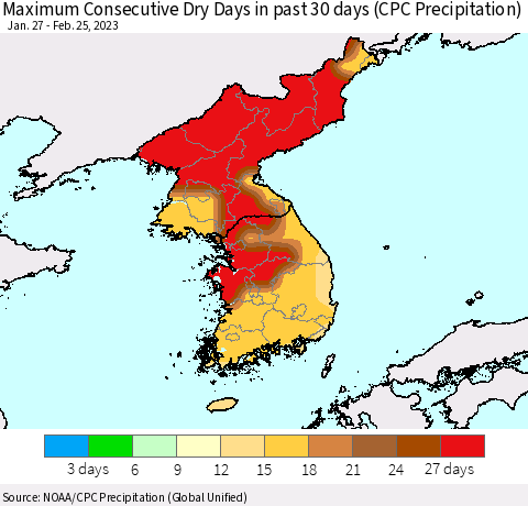 Korea Maximum Consecutive Dry Days in past 30 days (CPC Precipitation) Thematic Map For 2/21/2023 - 2/25/2023