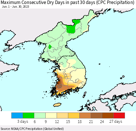 Korea Maximum Consecutive Dry Days in past 30 days (CPC Precipitation) Thematic Map For 6/26/2023 - 6/30/2023