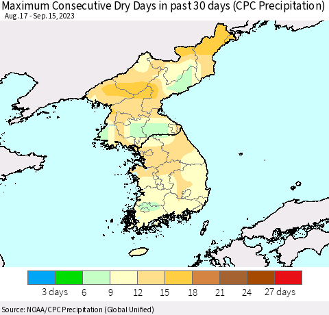Korea Maximum Consecutive Dry Days in past 30 days (CPC Precipitation) Thematic Map For 9/11/2023 - 9/15/2023
