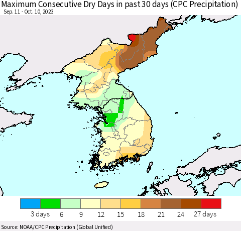 Korea Maximum Consecutive Dry Days in past 30 days (CPC Precipitation) Thematic Map For 10/6/2023 - 10/10/2023