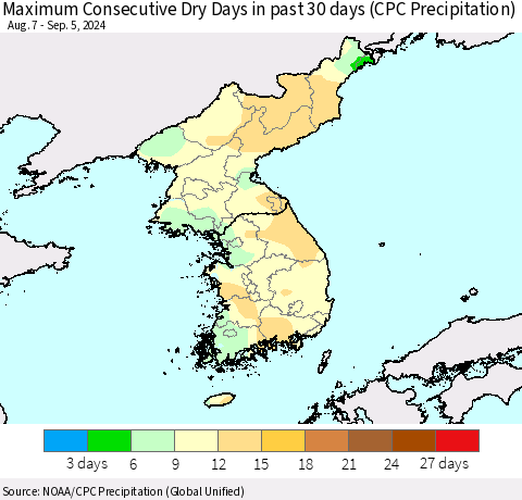 Korea Maximum Consecutive Dry Days in past 30 days (CPC Precipitation) Thematic Map For 9/1/2024 - 9/5/2024