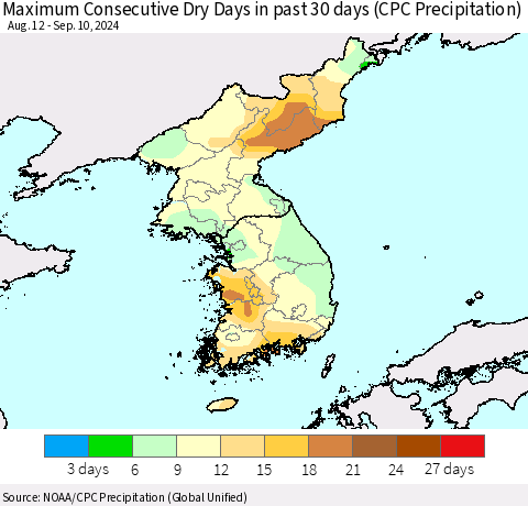 Korea Maximum Consecutive Dry Days in past 30 days (CPC Precipitation) Thematic Map For 9/6/2024 - 9/10/2024