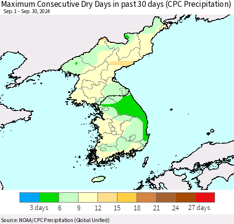 Korea Maximum Consecutive Dry Days in past 30 days (CPC Precipitation) Thematic Map For 9/26/2024 - 9/30/2024