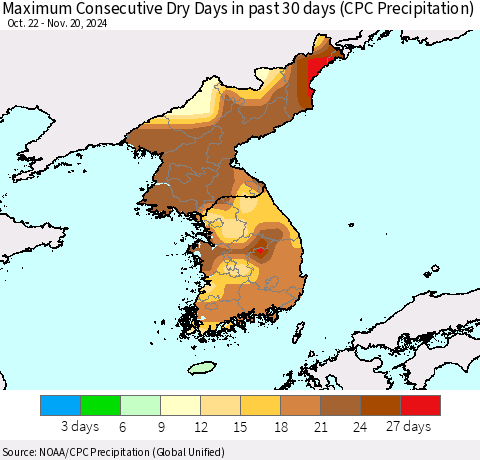 Korea Maximum Consecutive Dry Days in past 30 days (CPC Precipitation) Thematic Map For 11/16/2024 - 11/20/2024