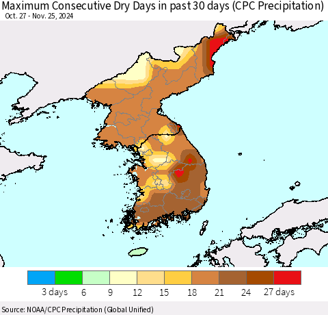 Korea Maximum Consecutive Dry Days in past 30 days (CPC Precipitation) Thematic Map For 11/21/2024 - 11/25/2024